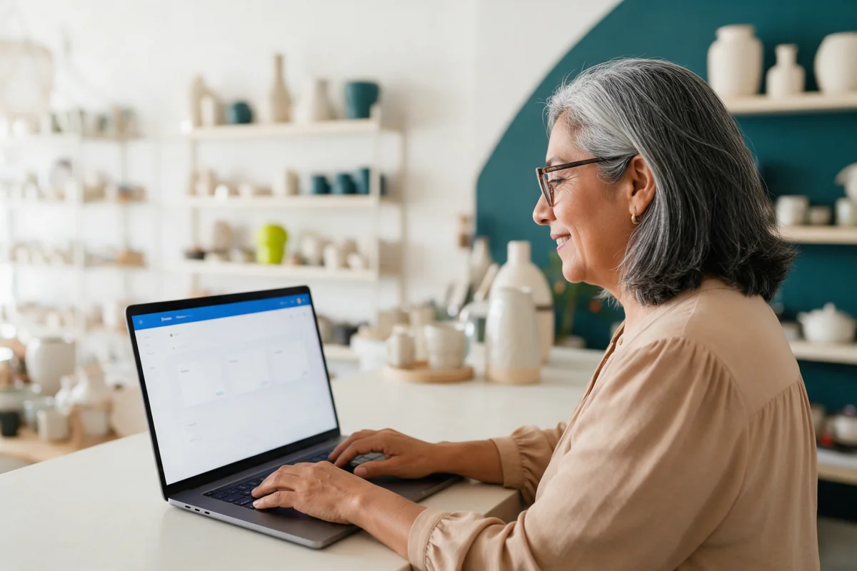 Dueña de un comercio utilizando una aplicación de facturación desde su laptop