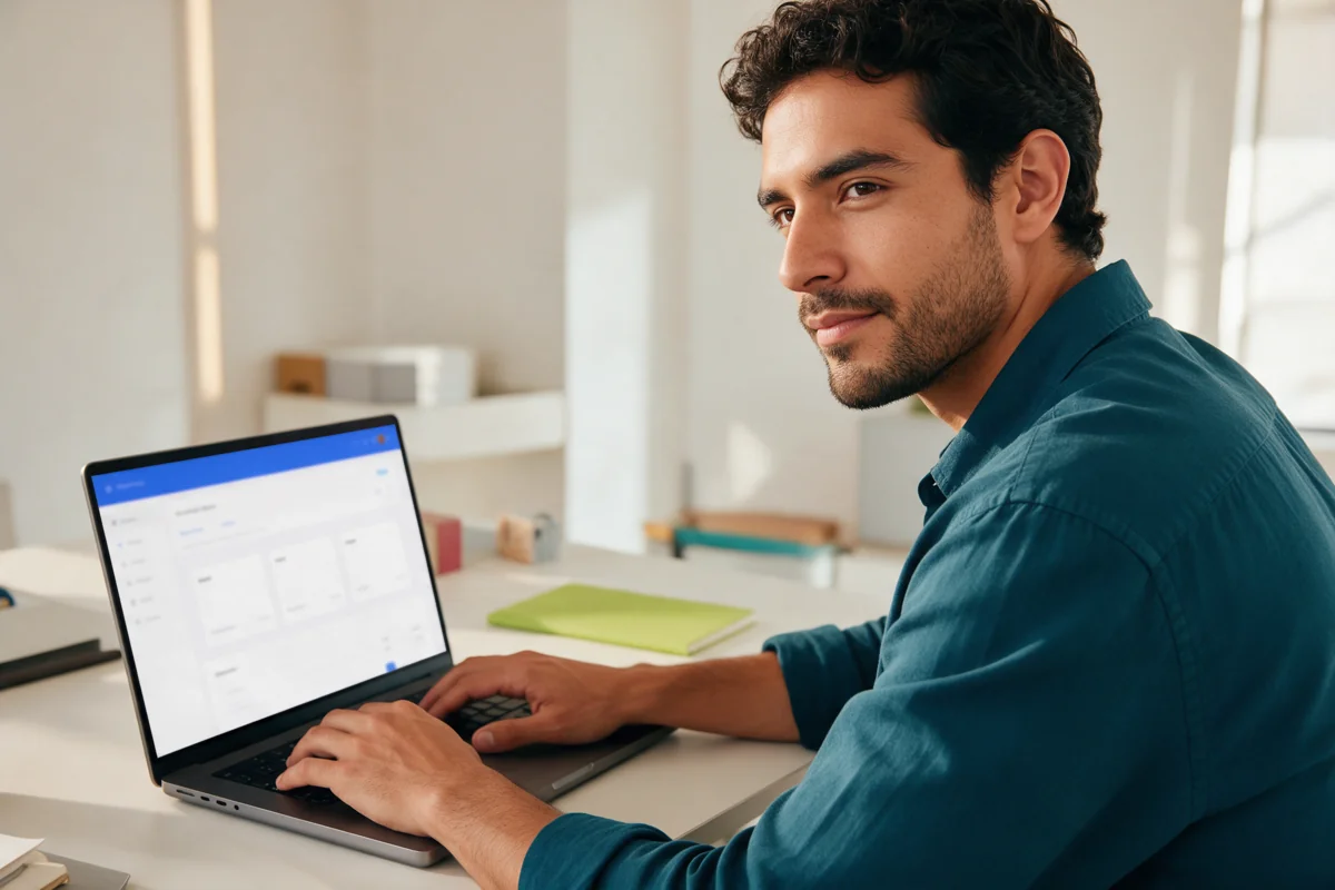 Joven profesional utilizando una laptop para trabajar con una aplicación de facturación en línea