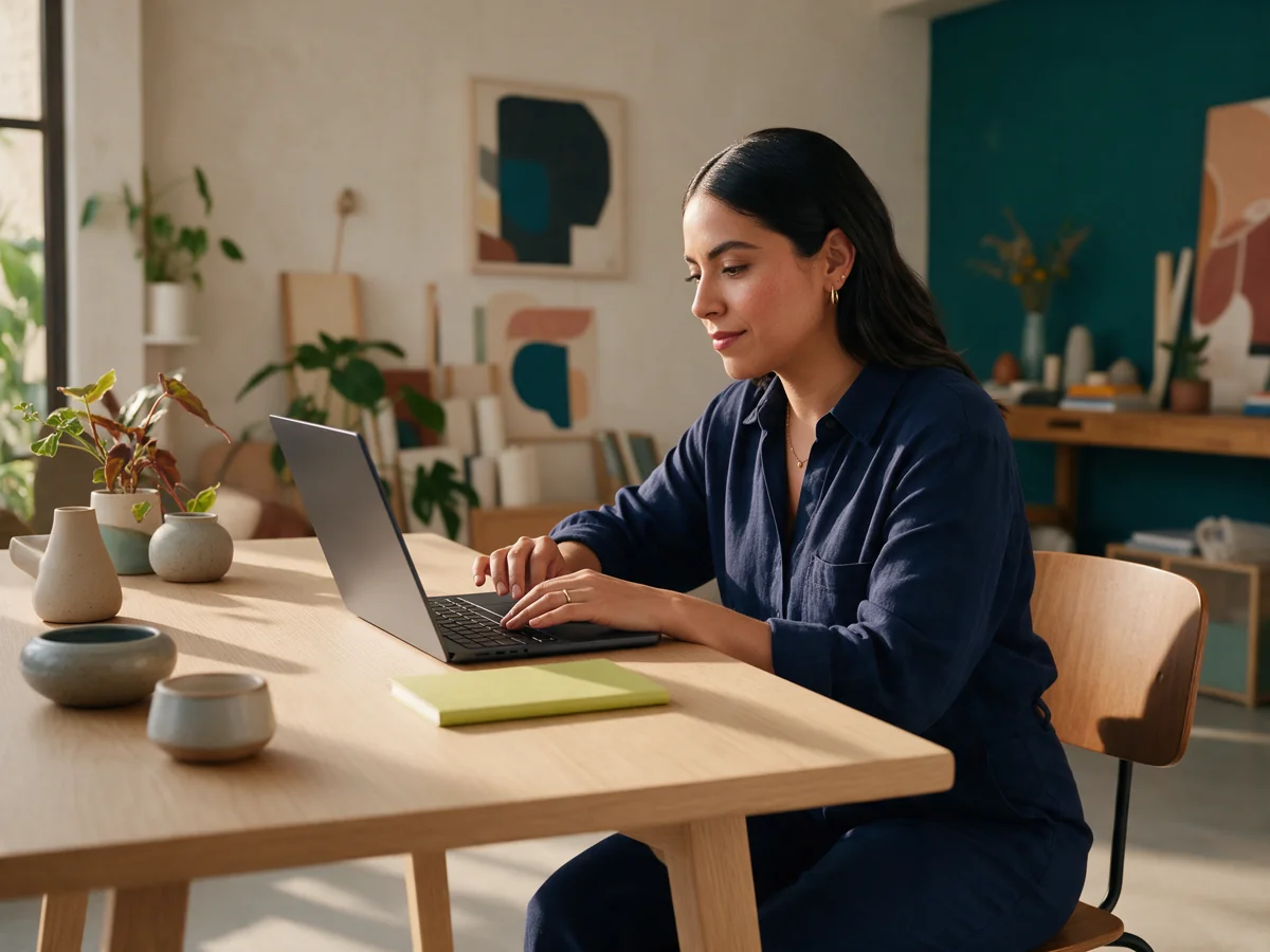 Imagen ilustrativa de una emprendedora trabajando con su laptop en un estudio